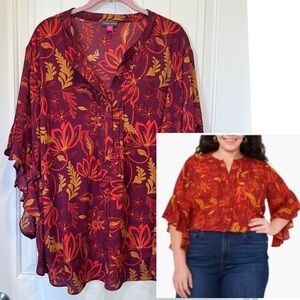 NWT Floral Ruffle Sleeve Blouse Red Orange Delicate Ditsy Chili Vince Camuto 3X